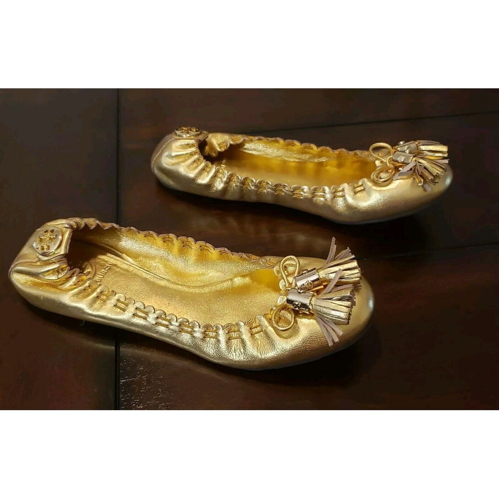 Tory Burch Tassel Metallic Gold Leather Flat Shoes Women's Size 7- 7.5